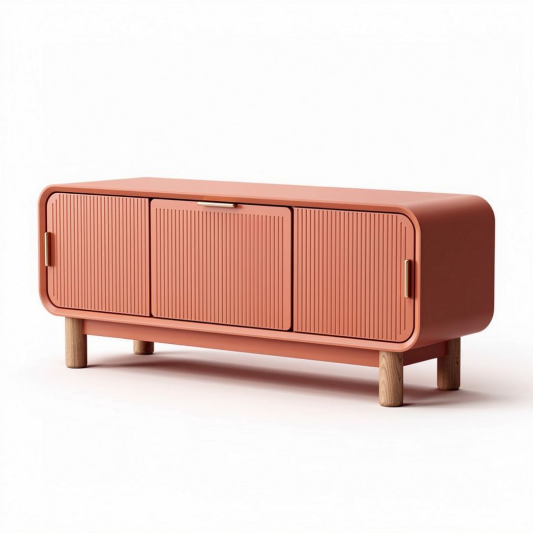 Mid-century modern media console with three storage compartments and wooden legs in terracotta color