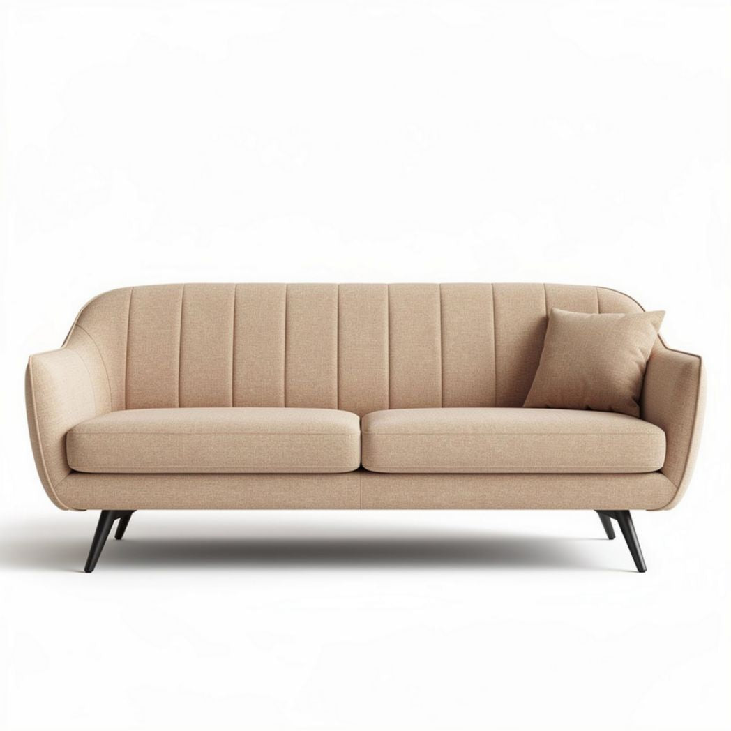 Beige upholstered sofa with modern design and throw pillow 180 x 85 x 75cm