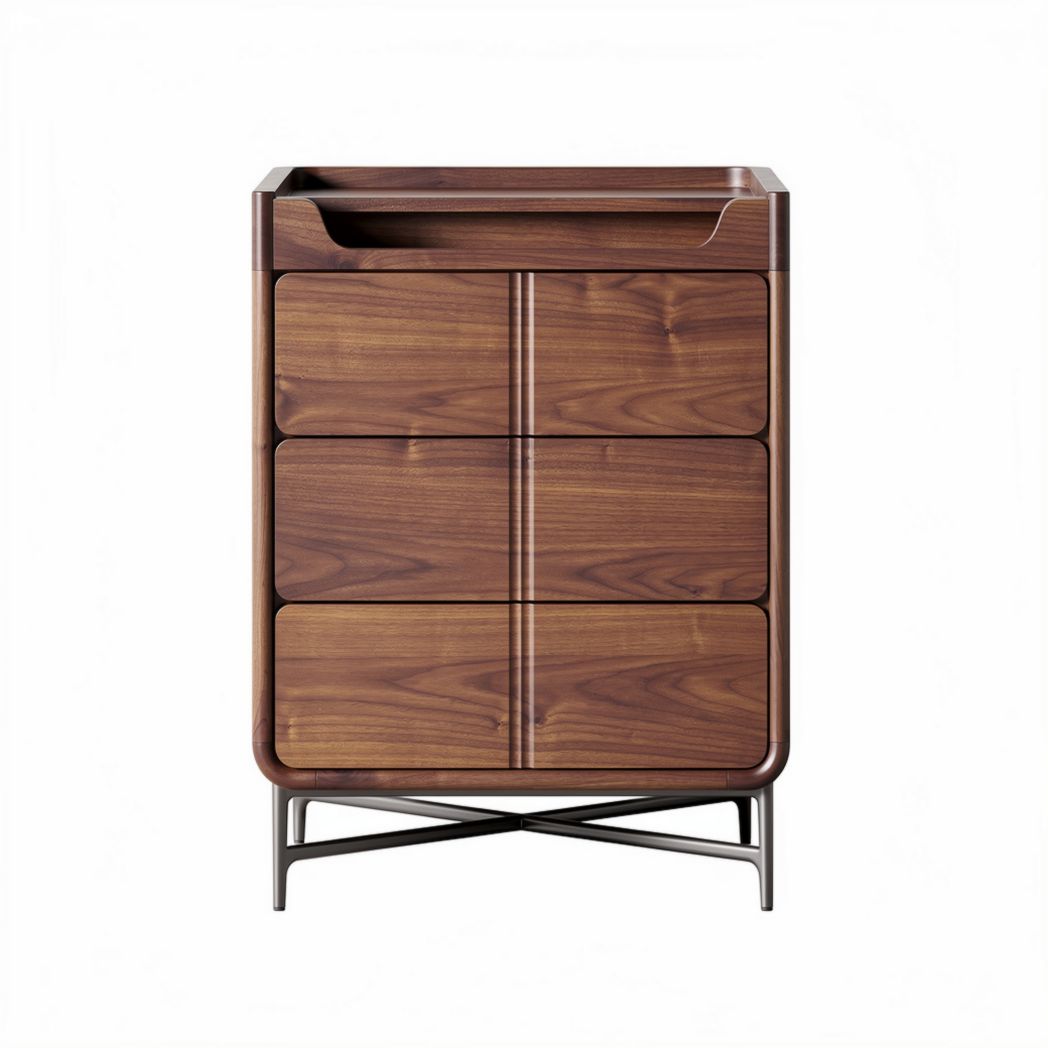 Walnut wood storage chest with metal base and four spacious drawers