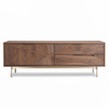 Walnut finish media console with geometric design and two drawers