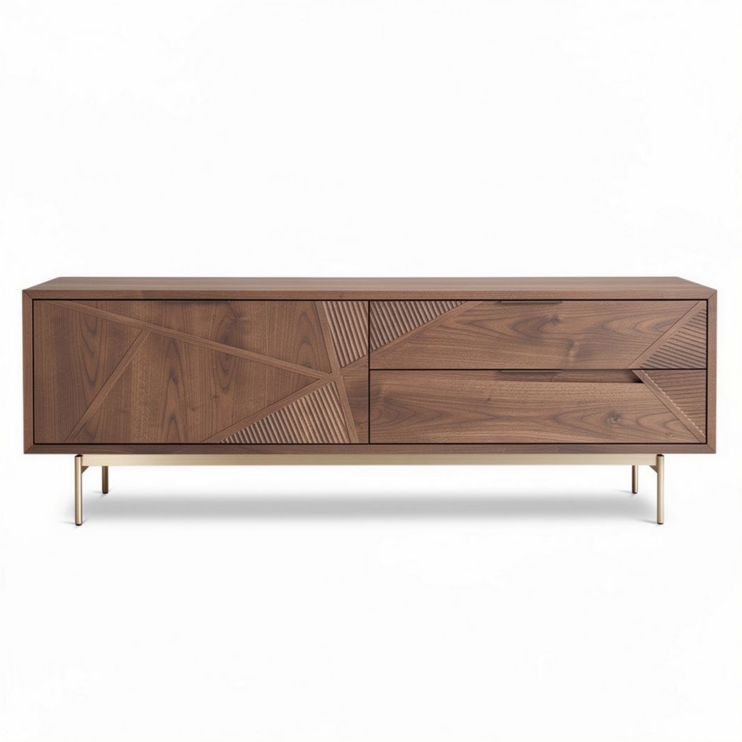 Walnut finish media console with geometric design and two drawers