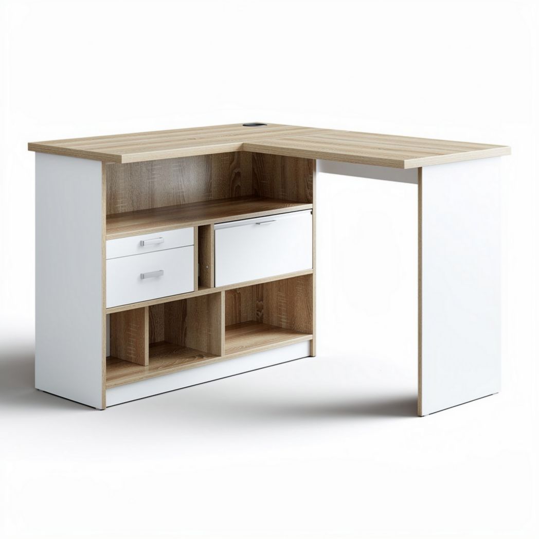 Corner computer desk with storage drawers in white and natural wood finish 160 x 120 x 75cm