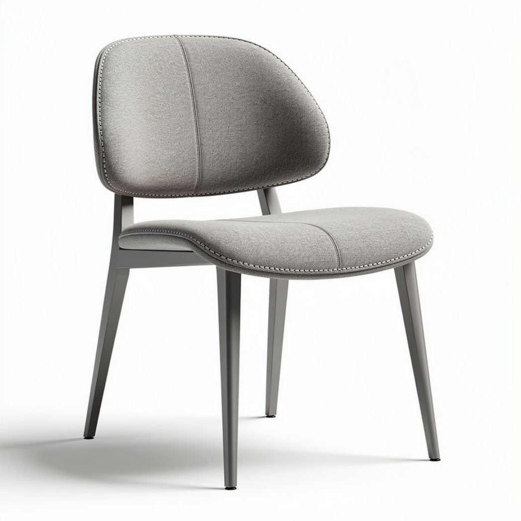 Grey upholstered dining chair with minimalist design and metal legs